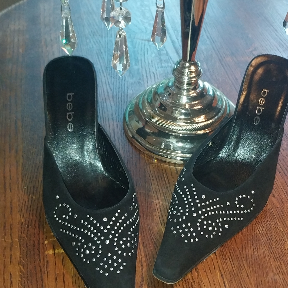 bebe Black Pointed-Toe Slip-On Mules with Crystal Stud Accents 7M No More LIKES!